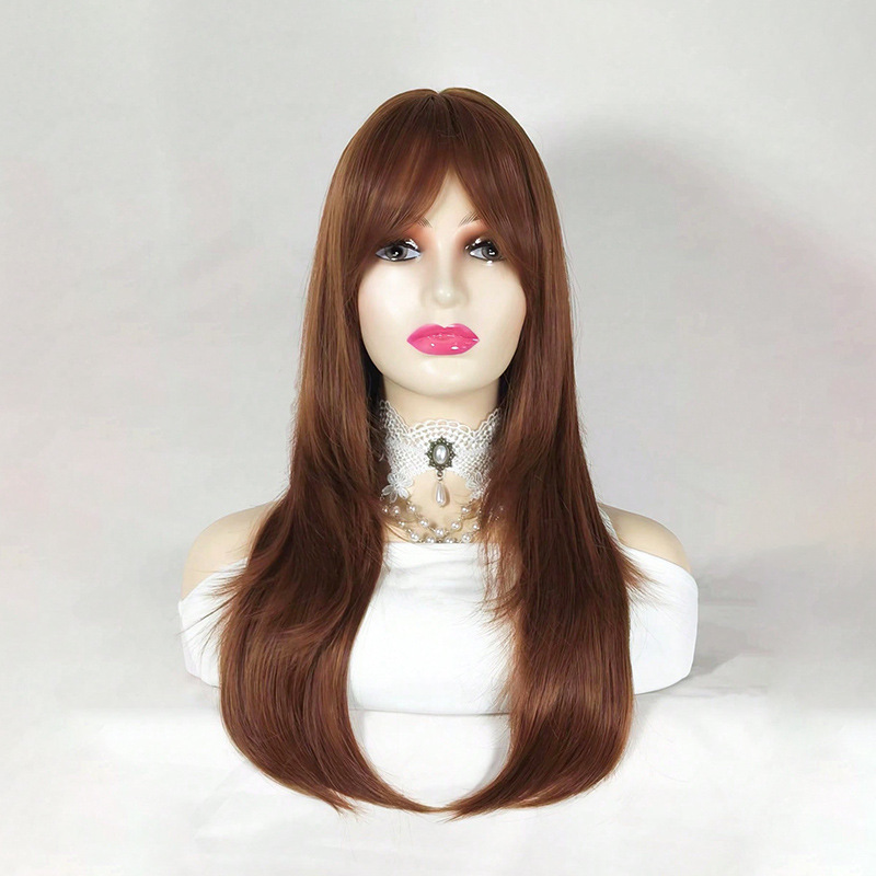 1 piece long brown big wave wig ladies 24 inch with bangs natural look matte high temperature silk wig