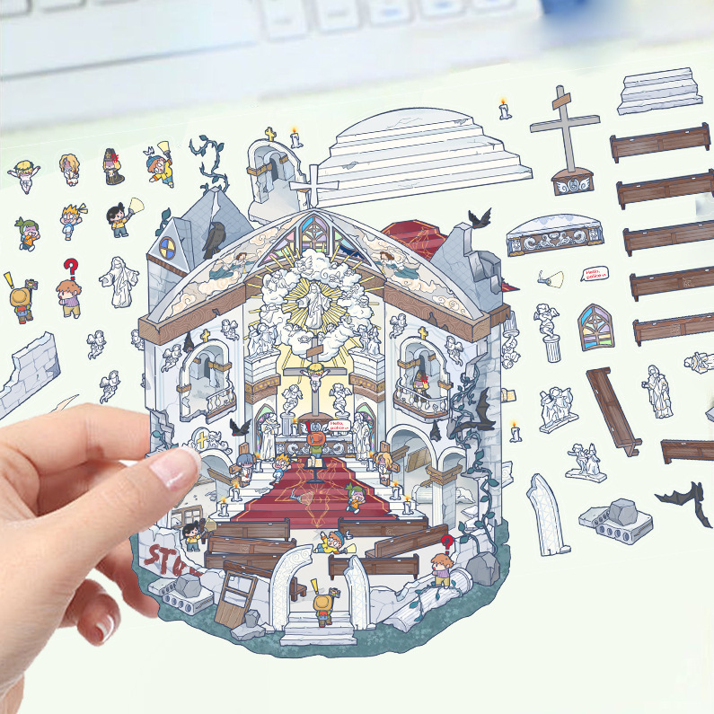 漫画造園ステッカー、さまざまなミニチュア世界 3D キャビン、リトルレッドブック減圧 DIY シーンハンドブックステッカー卸売 PET|undefined