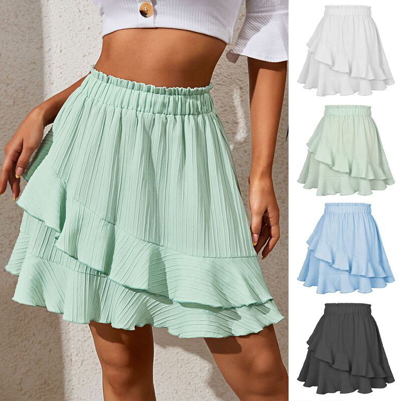 2025 Summer Amazon Ruffled Skirt Women's High Waist Irregular Solid Color Short Skirt European and American Style Large Hem 2025 Summer Amazon Ruffled Skirt Women's High Waist Irregular Solid Color Short Skirt European and American Style Large Hem