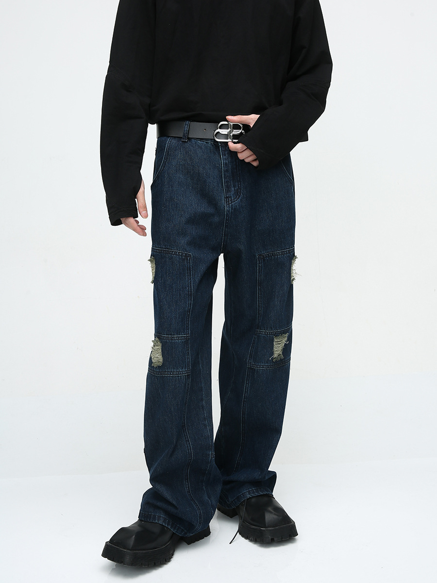 Mtlclothes ropa de Hombre | 2023 otoño nuevo americano retro High Street ripped costura diseño jeans