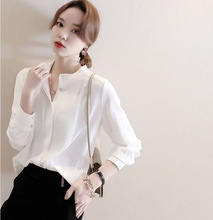 韩版春季新款纯色优雅洋气长袖小立领踏筋设计通勤休闲白衬衣女