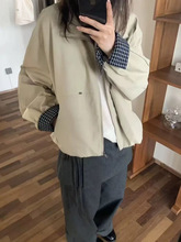 韩系立领短外套女2025秋季新款宽松小个子袖口格子高级感夹克外套