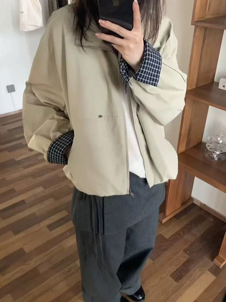 韩系立领短外套女2025秋季新款宽松小个子袖口格子高级感夹克外套