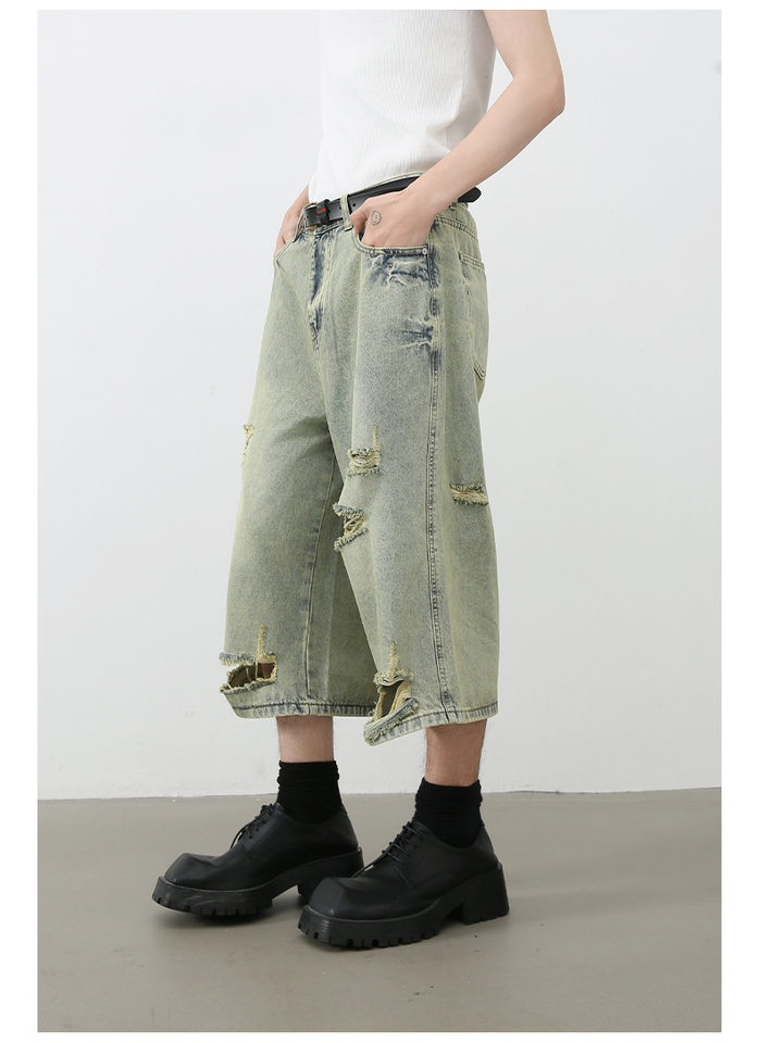 Quần short jean nam ống rộng ống thẳng dáng lửng rách nhẹ — Màu xanh lam chi tiết 6