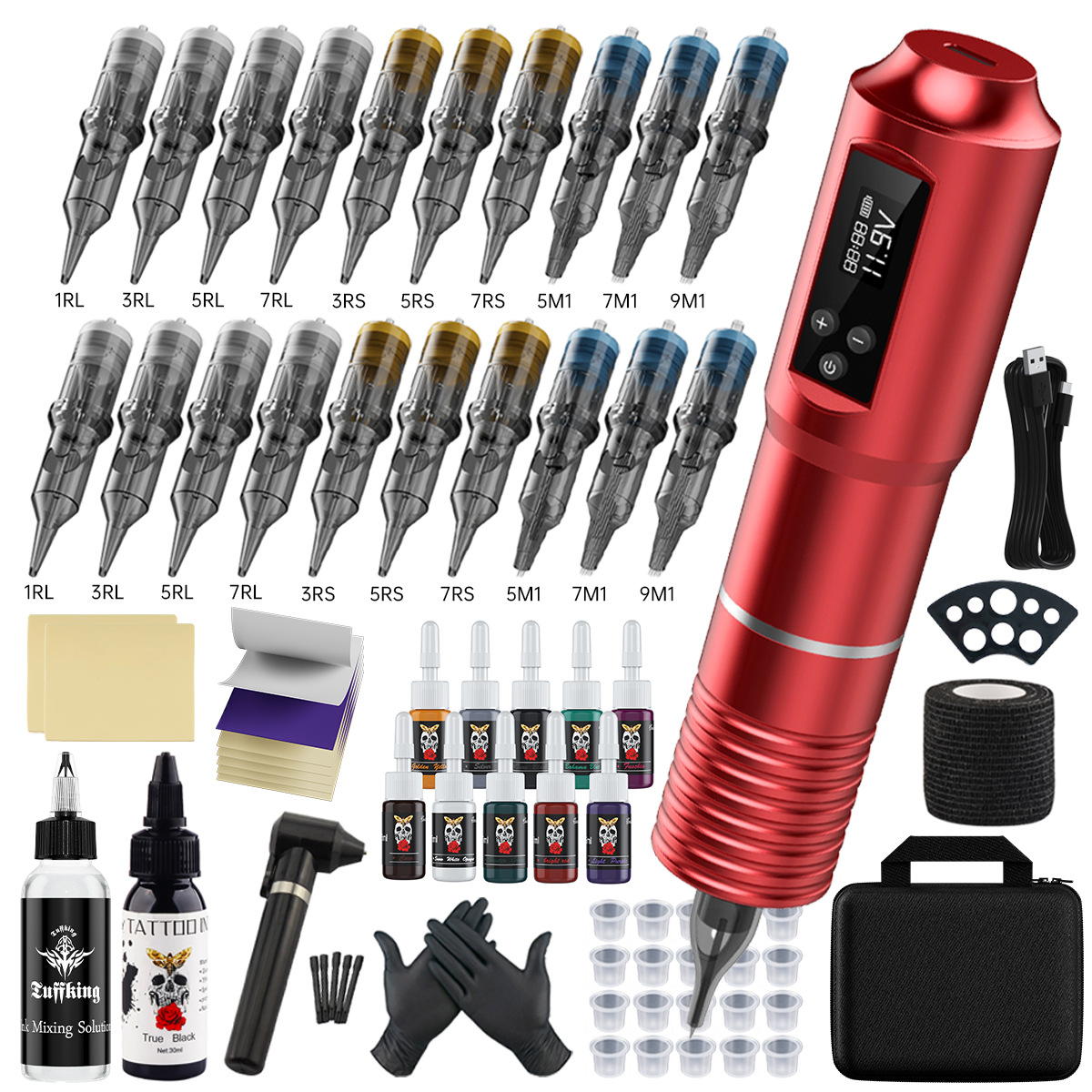 Bolígrafo inalámbrico de batería transfronteriza conjunto completo de herramientas de tatuaje de corte de alambre y niebla de aguja de tinta de tatuaje conjunto completo de consumibles