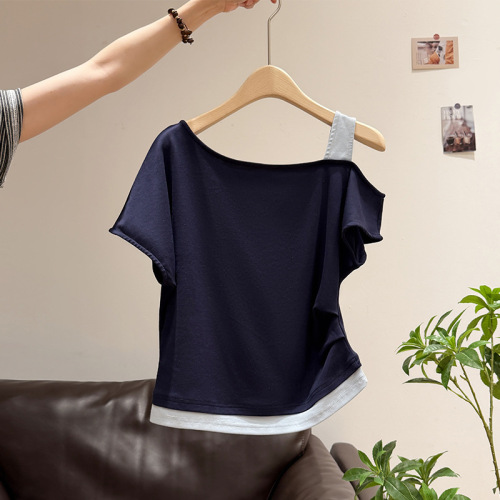 【40 Pieces Cool Cotton Ribbed 1x1 Blouse】Asymmetrical Off-the-Shoulder Two-Piece Top for Women 2025 Summer Crepe Shoulder-Strap