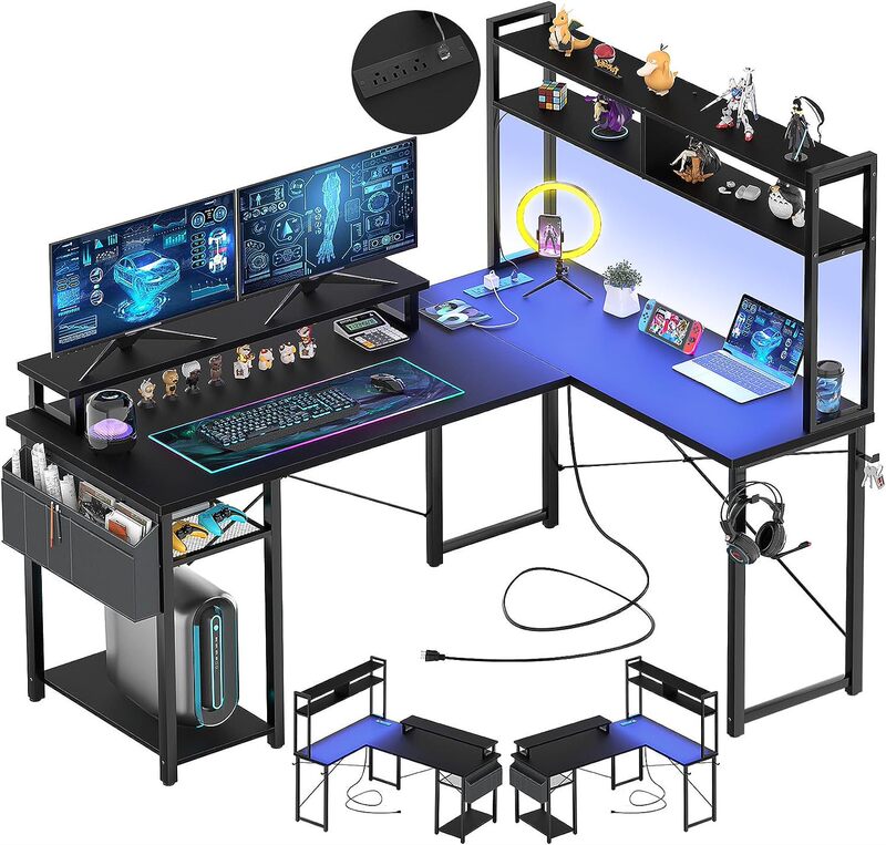 Corner Table Home Office Desk with Storage Bag L-Shaped Gaming Desk, with Led Lights and Power Outlets Reversible