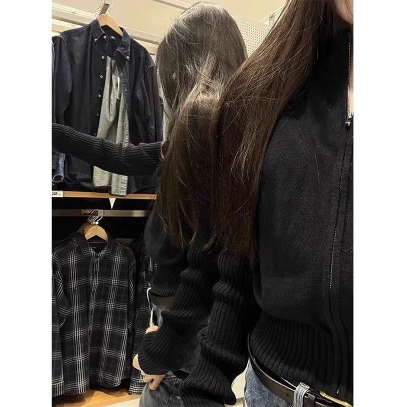 黑色长袖内搭针织衫女秋冬秋季短款拉链毛衣外套开衫外搭外穿上衣|undefined