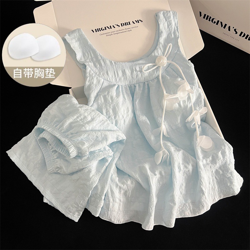 Women's Summer New Style Pajamas with Breast Pads, Cloud Cotton Flower Suspenders, Shorts, Sweet and Loose Home Clothes Two-Piece Suit
