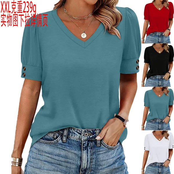 2025 Amazon European and American Cross-Border Export Pure Color Printed Elegant Bubble Mid-Sleeve Buttoned Round Neck T-Shirt