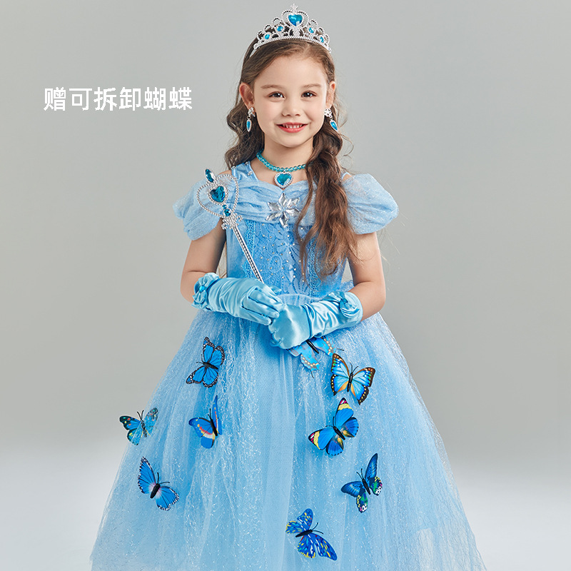 Foreign trade girls Cinderella princess skirt wholesale short sleeve Frozen Aisha dress performance clothing butterfly gauze skirt