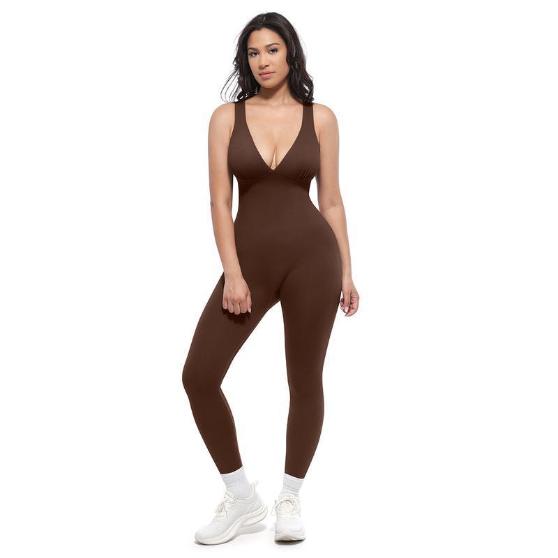 Women's High-Waisted Workout Jumpsuit | Stretchy Yoga Bodysuit With V-Neck & Back Support | Tummy Control Fitness One-Piece (Red/Black/Brown) S-3XL_ecoleips.com