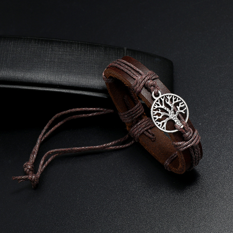 retro pull handle rope woven tree of life leather bracelet