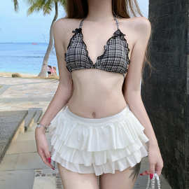 比基尼韩国可爱少女蝴蝶结小格子小香风bikini分体裙式三件套泳衣