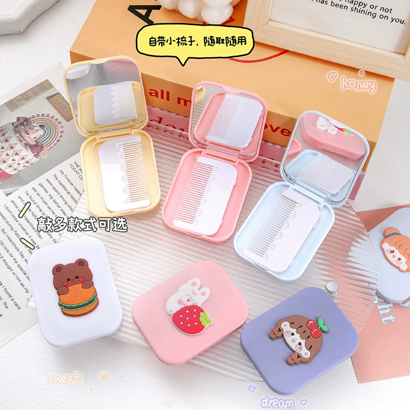Cartoon folding brush for students, small handheld mirror, 2 in 1