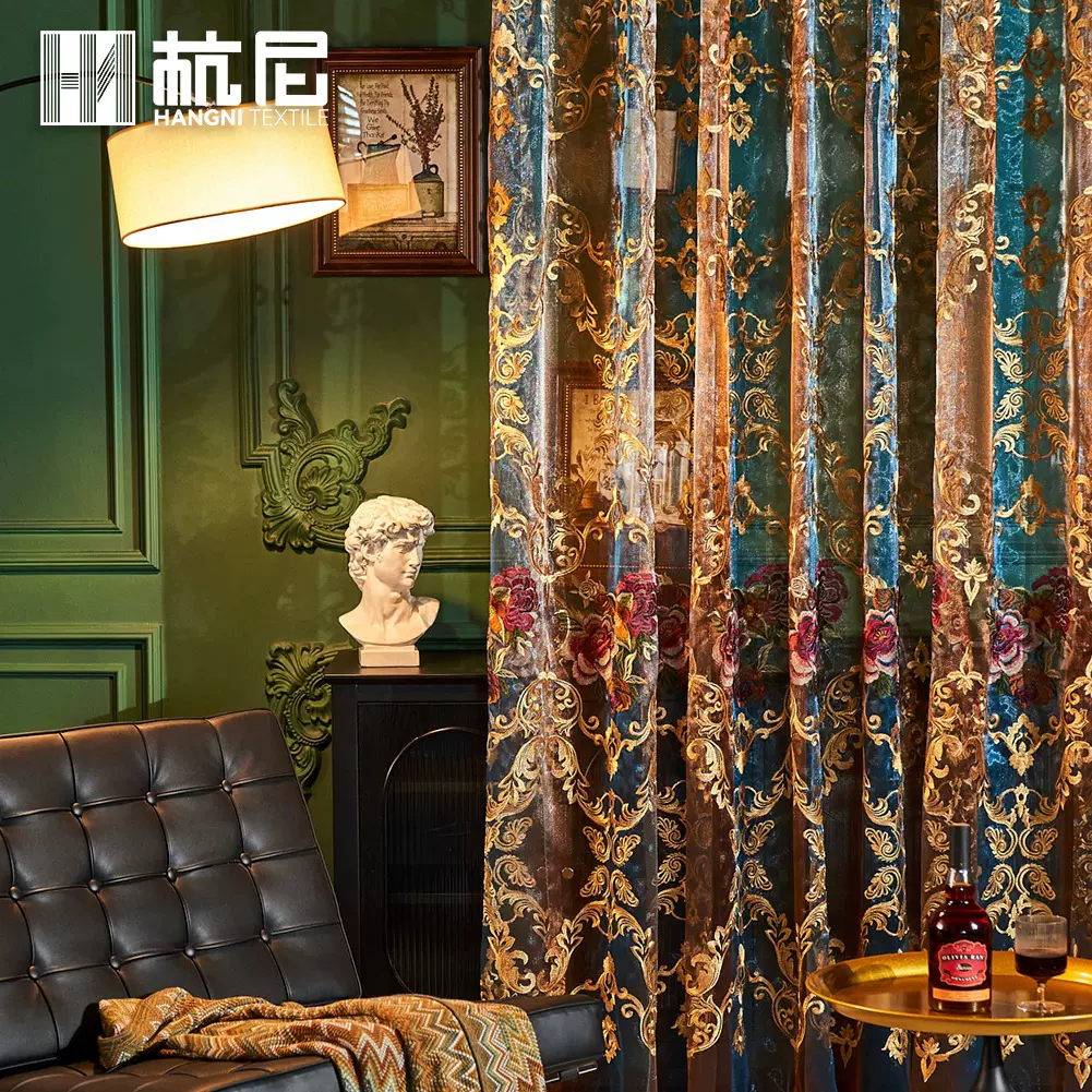 新款美式轻奢纱帘复古提花镂空绣花透光窗纱成品跨境窗帘配纱