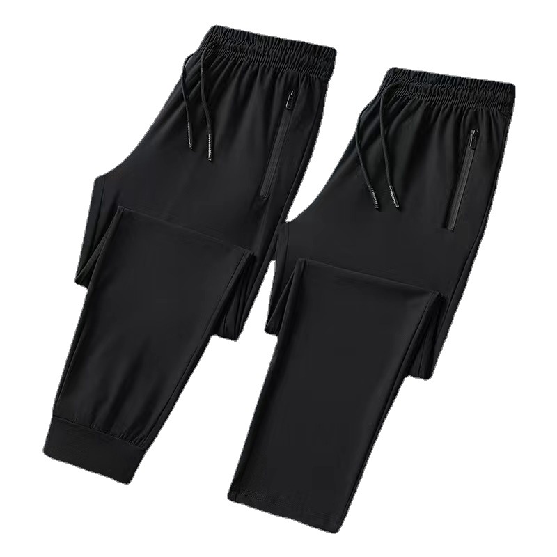 Pantalones deportivos de verano elásticos transpirables más tamaño pantalones atados al tobillo de secado rápido en stock pantalones finos de seda de hielo fábrica de hombres al por mayor