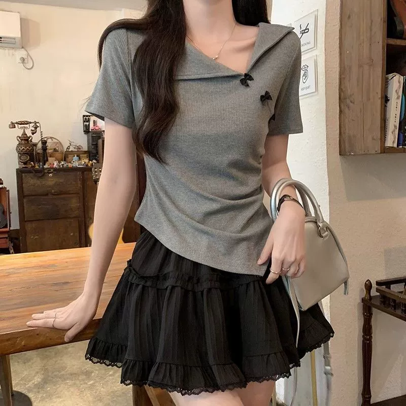 Модальная женская рубашка с короткими рукавами и французским лацканом и бантом, новый летний топ для похудения нестандартной формы