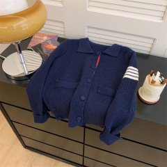 秋季新款学院风撞色polo领针织外套女新款慵懒风宽松休闲外搭开衫