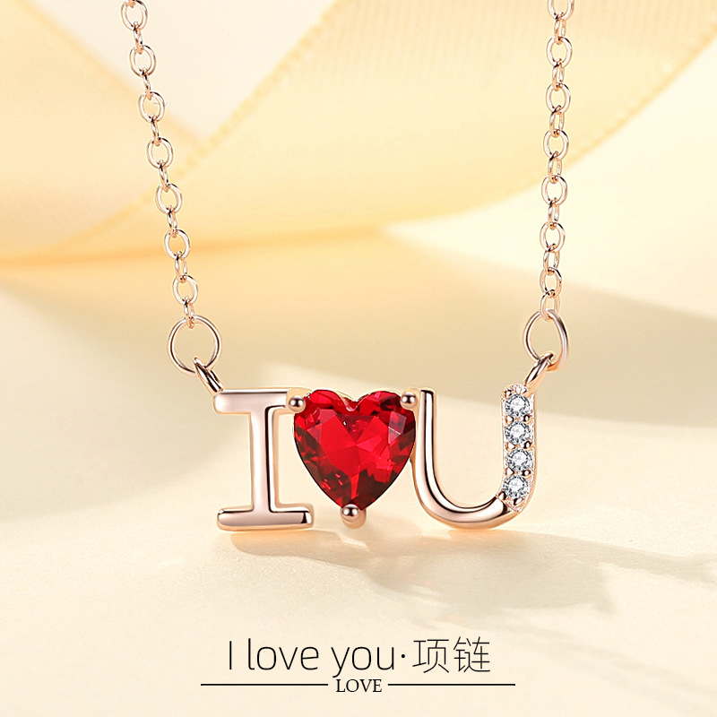 Plata esterlina s925 diamante ilovey te amo collar de cadena clavícula femenina simple joyería del Día San Valentín