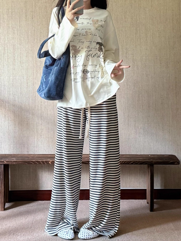 槿一 垂感懒懒裤 条纹慵懒风针织休闲裤女小个子宽松低腰长裤百搭|undefined