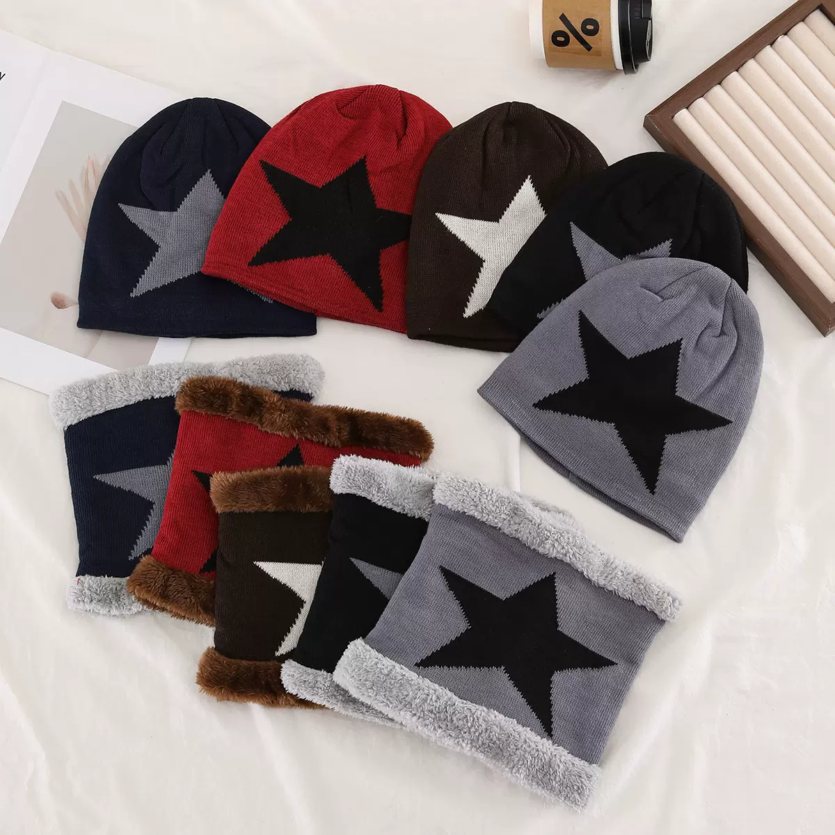 跨境热销潮牌刺绣星星儿童帽保暖护耳套头帽冬季带围脖套装毛线帽