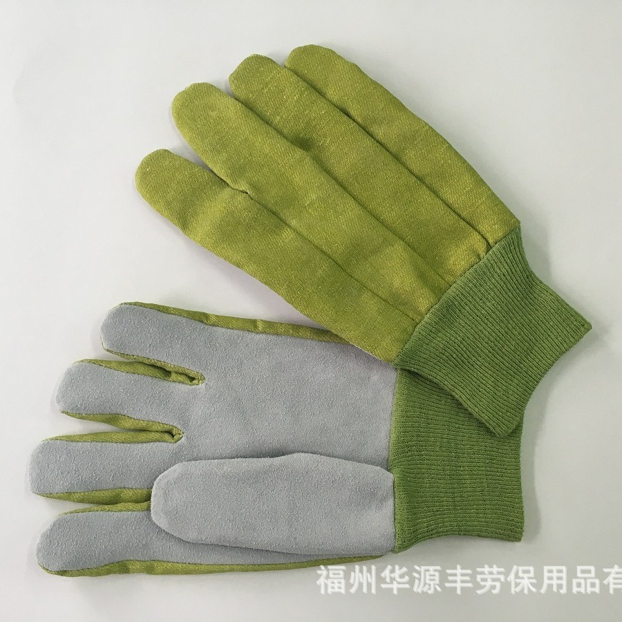 牛二层涤棉布罗口半皮手套