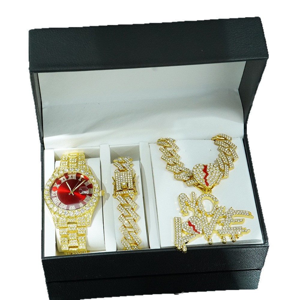 Conjunto de Reloj y Collar con Colgante NO LOVE, Estilo Cubano, para Hombre, en Caja de Regalo de Lujo