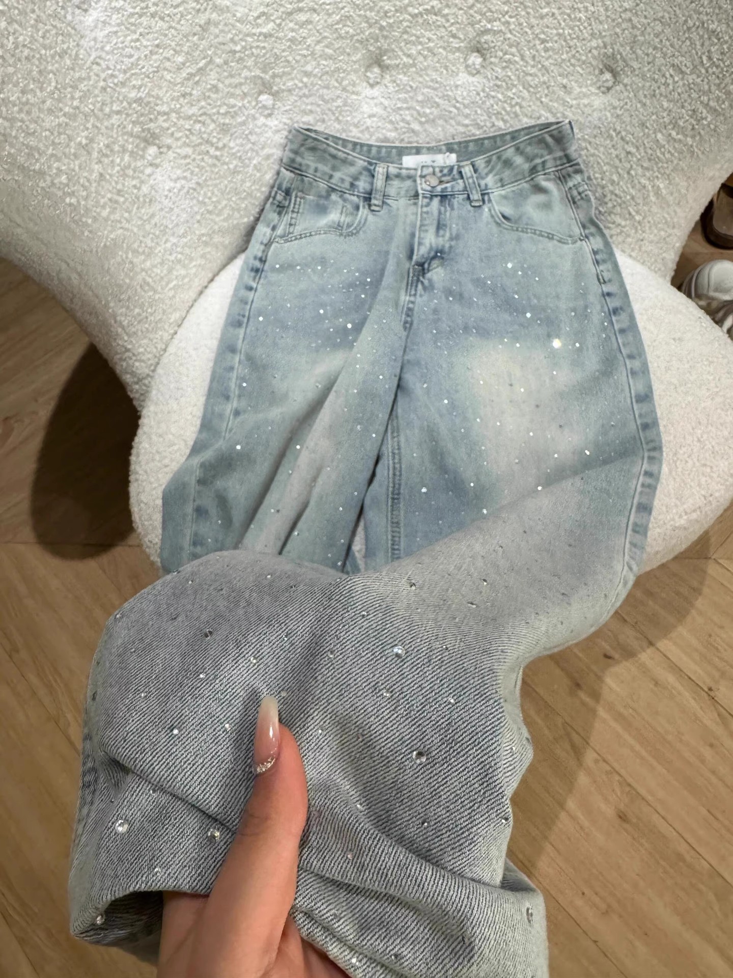 Women's Rhinestone Jeans Straight Leg Flared Pants For Winter_voghion.com