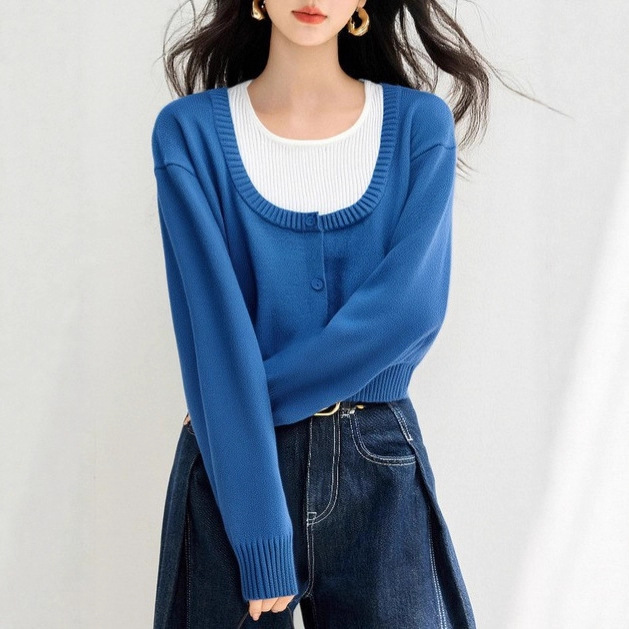 Blue Faux Two-Piece Youthful Knit Sweater 2025 New Design Autumn and Winter Sweet Cute Long-Sleeve Top Blue Faux Two-Piece Youthful Knit Sweater 2025 New Design Autumn and Winter Sweet Cute Long-Sleeve Top
