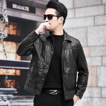 现货新海宁真皮夹克男士层牛皮油蜡短修身摩托车羽绒服