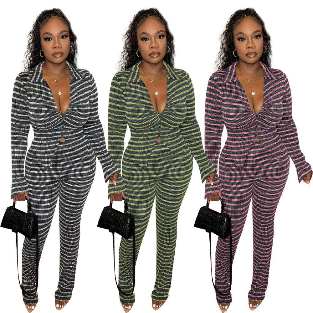 L6533 Amazon European and American Export Cross-Border Autumn and Winter Women's New Stripesd Two-Piece Suit