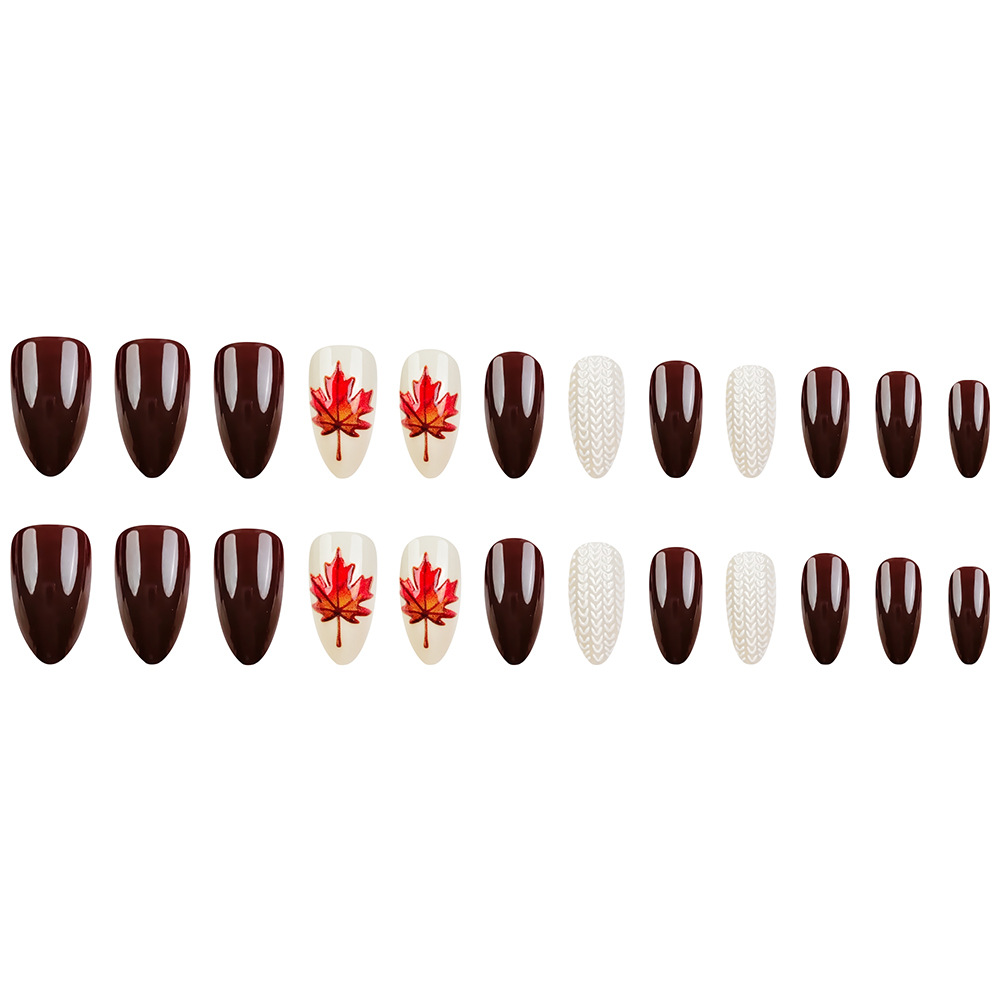 Otoño y invierno marrón oscuro hoja de arce tejido manicure 3D relieve tridimensional desgaste de uñas transfronterizas 24 piezas de parche de uñas image 5