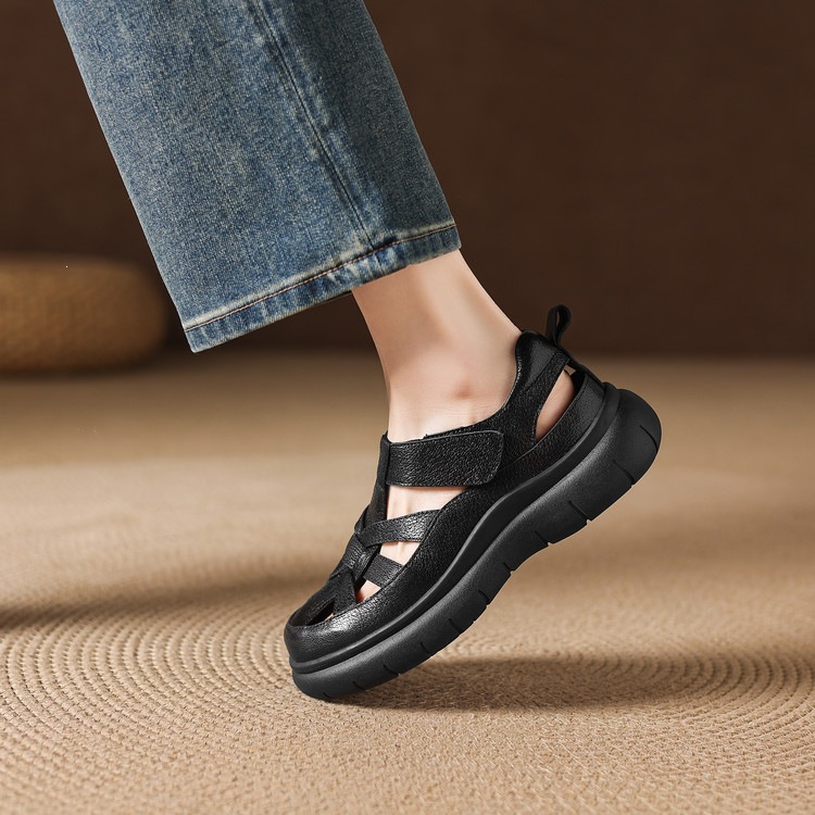 Sandal nữ đế dày da cừu phối quai ngang phong cách học đường — màu đen, màu trắng ngà chi tiết 74