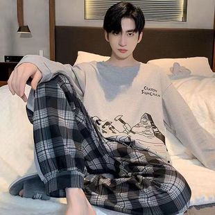 Foreign Trade Pajamas Men's Long-sleeved Trousers Spring and Autumn Simple Casual Youth Men's Winter Home Clothes suit Wearing