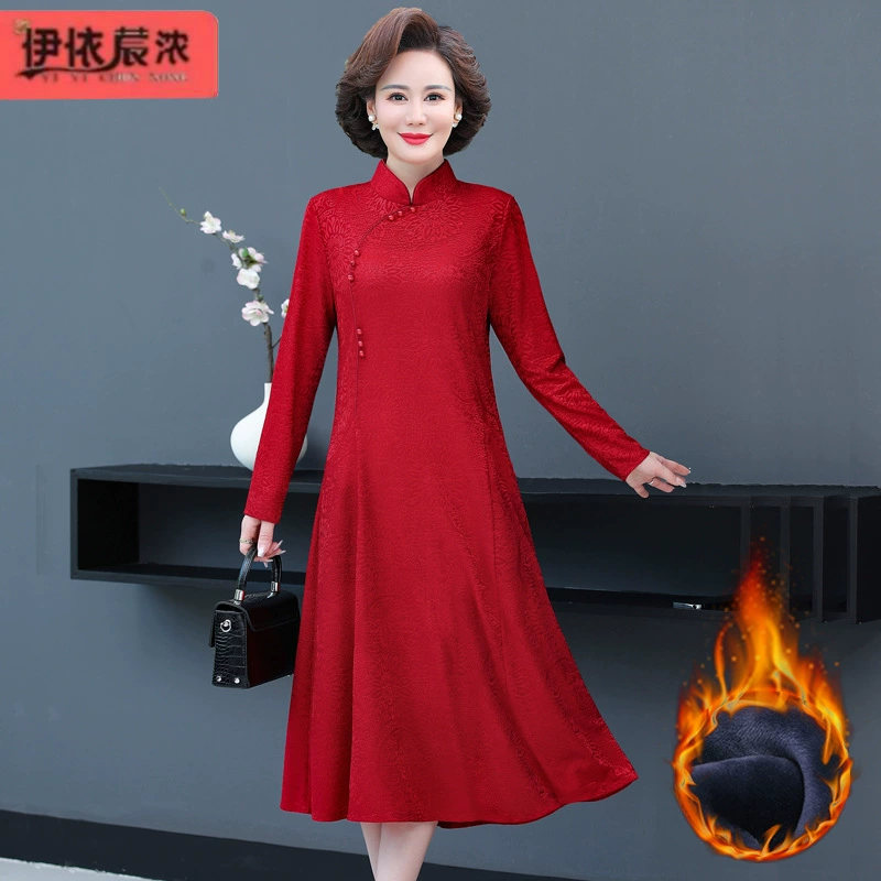 Новое свадебное банкетное платье Cheongsam на флисовой подкладке для пятидесяти-60 лет, для средних лет, в стиле тещи, темпераментное тонкое платье, плотное
