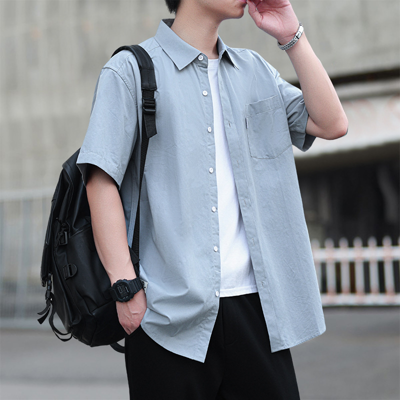 Summer New Pure Cotton Short-Sleeved Shirt Men's Workwear Solid Color Shirt Casual Thin Half-Sleeved Jacket Loose and Trendy