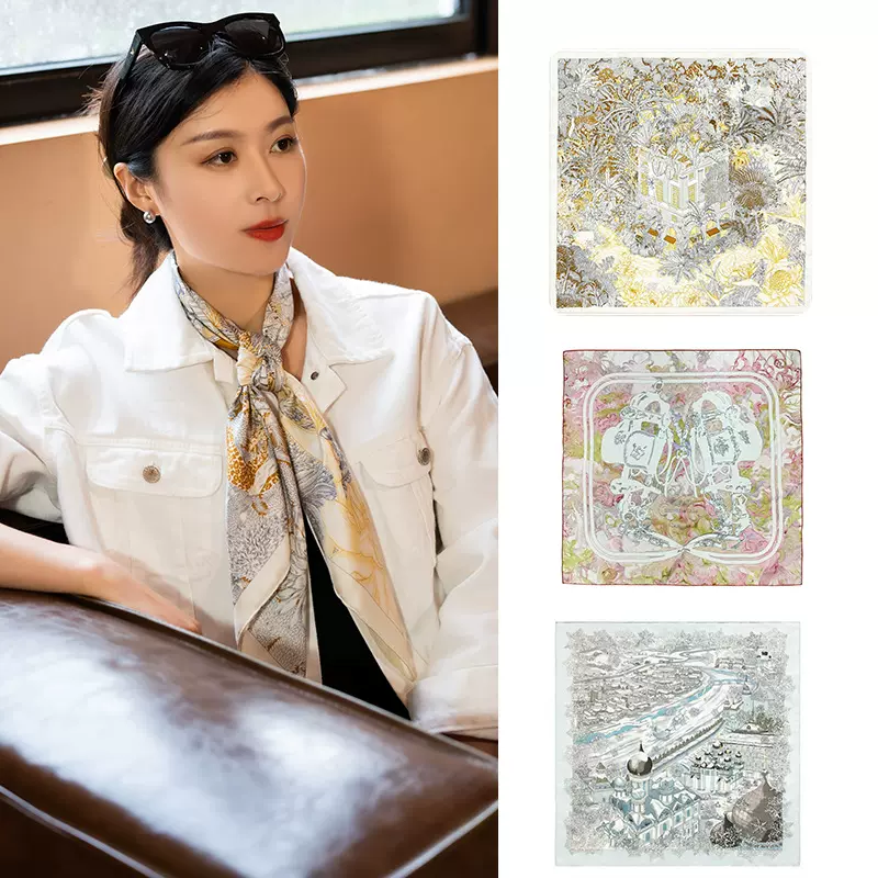 轻奢珠光桑蚕丝90方巾女ins风优雅好搭真丝围巾手工卷边装饰披肩