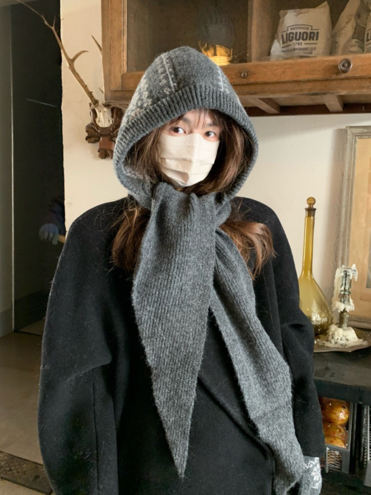 フェア島風毛糸帽子女子秋冬レトロ百合大頭囲保温ニット帽子顔小耳保護帽子