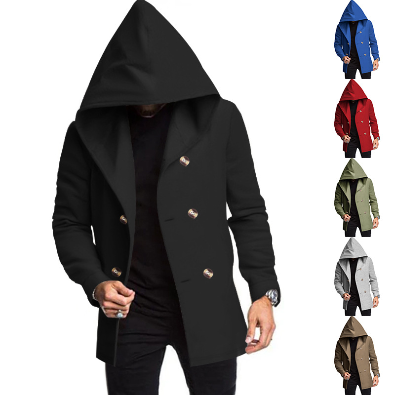 Abrigo tipo trench para hombre, estilo europeo y americano, largo medio, corte ajustado, con capucha, color liso, informal, novedad de Amazon para comercio transfronterizo 2026