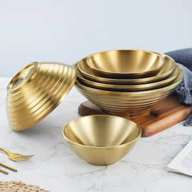 厂家304不锈钢拉面碗面馆双层商用汤碗分阶金色拌面饭斗笠碗