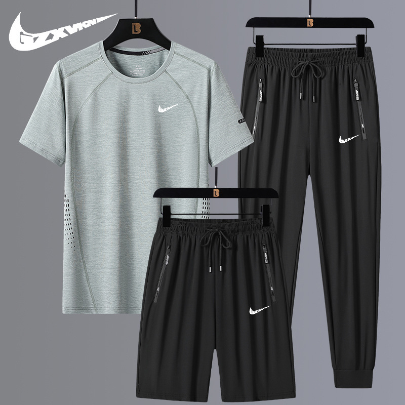 Men's New Fashion Casual Sports Ice Silk Suit Loose Shorts Short-sleeved T-shirt Quick-drying Trendy Brand Three-piece Set