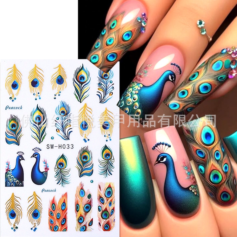 Cross-Border New Nail Art Stickers Wholesale Ins Peacock Feather Dark Rose Skull Spider Web Nail Decals Cross-Border New Nail Art Stickers Wholesale Ins Peacock Feather Dark Rose Skull Spider Web Nail Decals