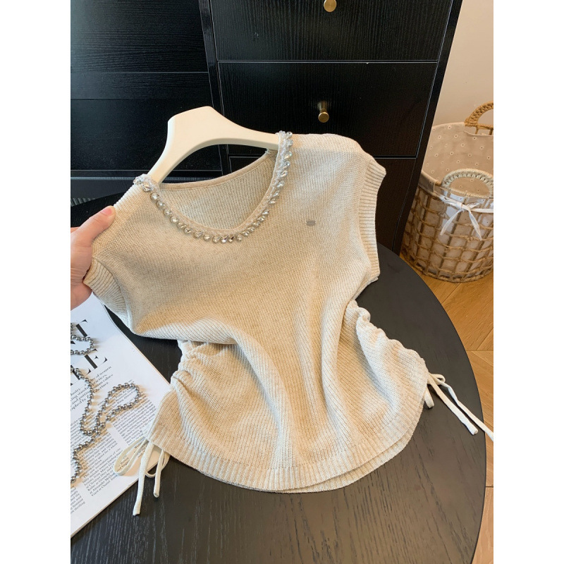 French-Style Beautiful Short-Sleeve Diamond V-Neck Ice Silk Linen Knit T-Shirt, Chanel-Inspired Light Purple Top with a High-End Feel