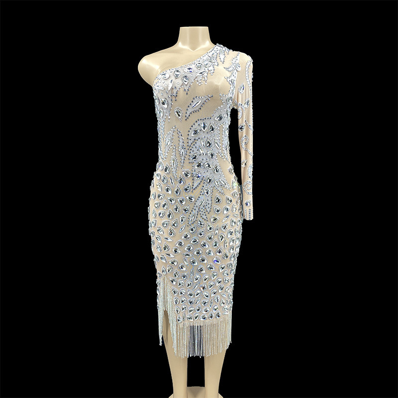 2024 One Shoulder Rhinestone Applique Sexy Extra Long Club Dress Glitter Diamond Tassel Sequin Prom Dress