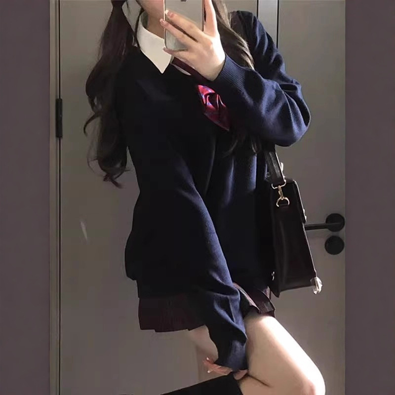 College Style Women's Pure Color Knitwear Knitwear Autumn and Winter Layered Pullover Long-Sleeved V-Neck Top Original Jk Uniform