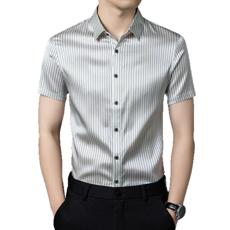 Áo sơ mi nam tay ngắn lụa tơ tằm Mulberry cao cấp, phong cách thời trang thoáng mát — sọc xanh