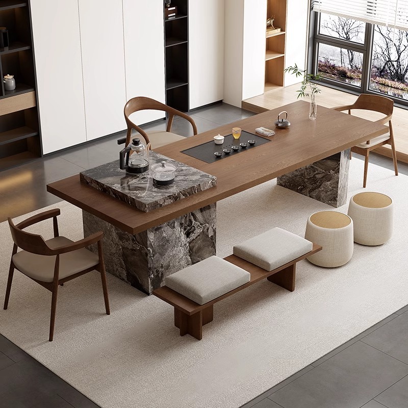 핫 세일: 티 테이블 1.6m + 슈멧 의자 + 히로시마 의자_2 + 벤치 + 푹신한 스툴_2 + 무료 [인덕션 쿠커 + 흑금석 티 트레이]