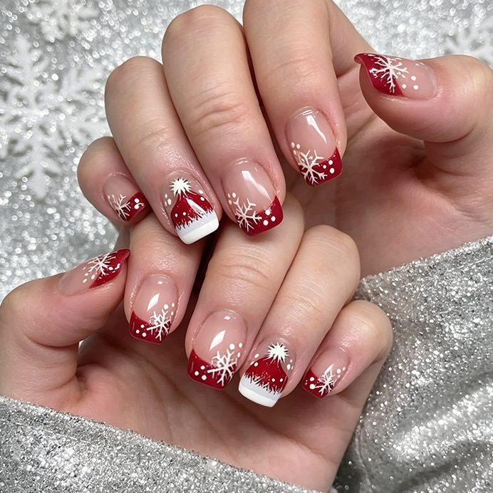 New nail art designs: European and American Christmas-themed glitter hats, snowflake patterns, French-style long square press-on nails, wholesale