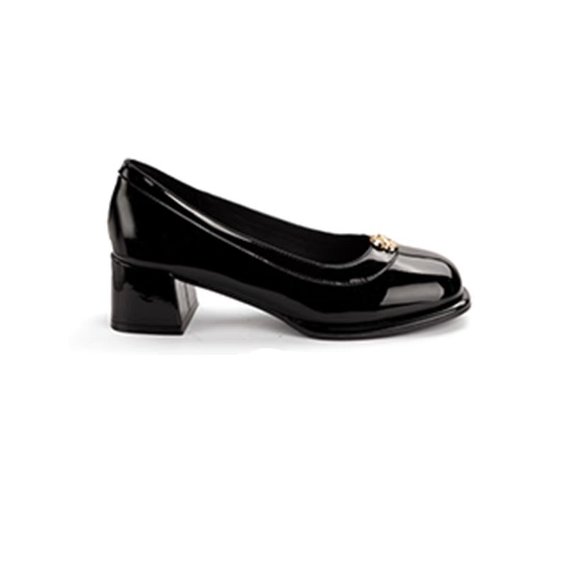 Inventario de piel de oveja ~ Camellia de cuero real botón de oro superficial zapatos franceses de mujer tacones negros retrógrados zapatos mary-zhen